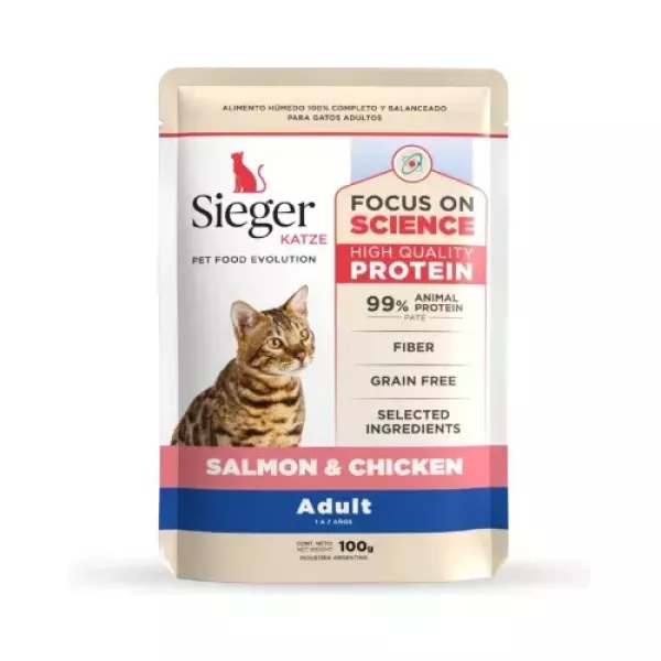 Sieger pouch gatos adultos salmón y pollo 100grs