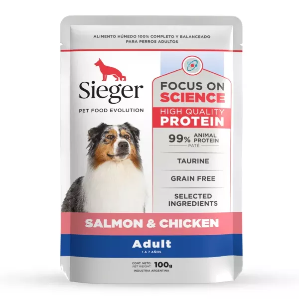 SIEGER POUCH  perros ADULTOS SALMON Y POLLO 100GRS